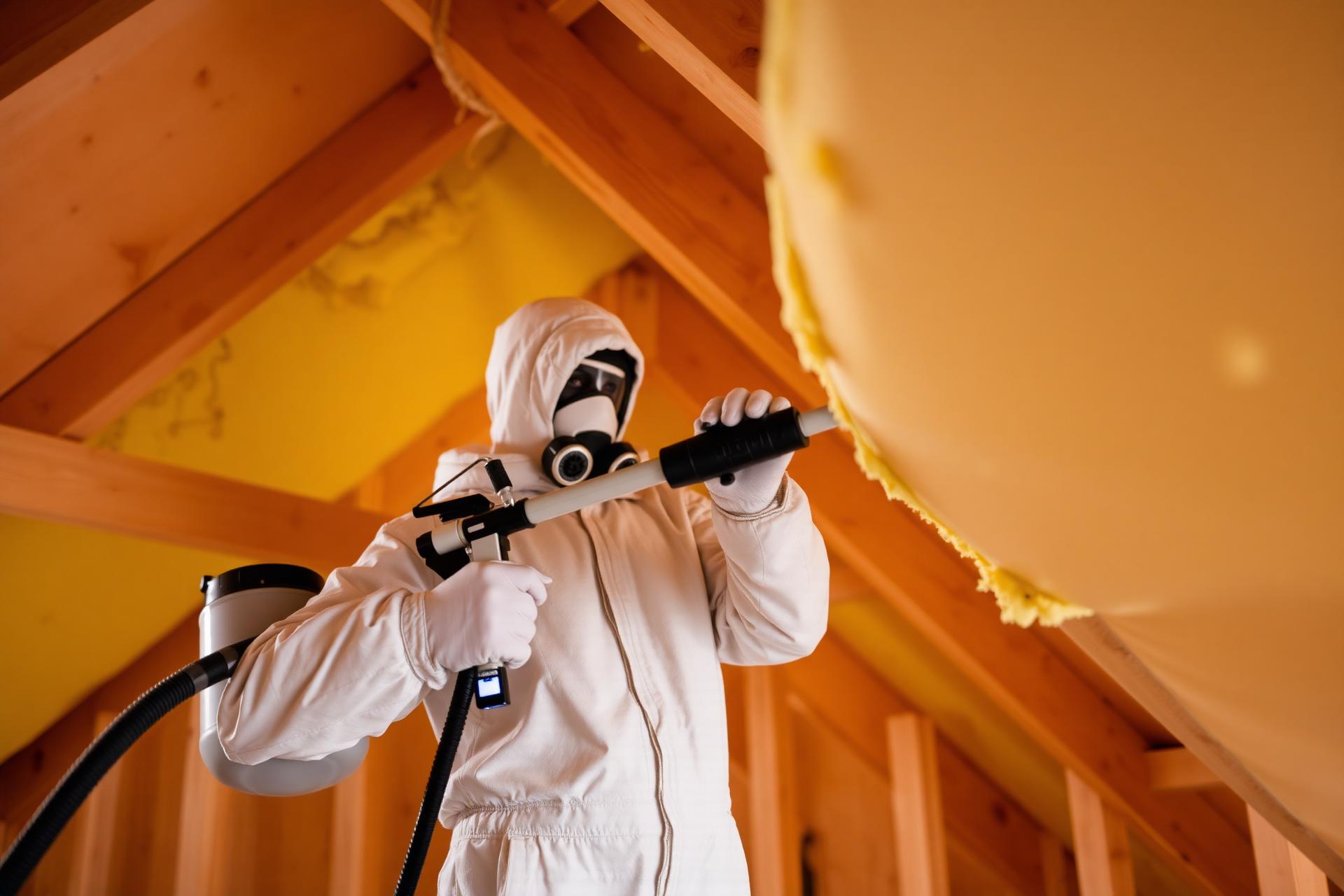 Professional installing spray foam insulation in an attic